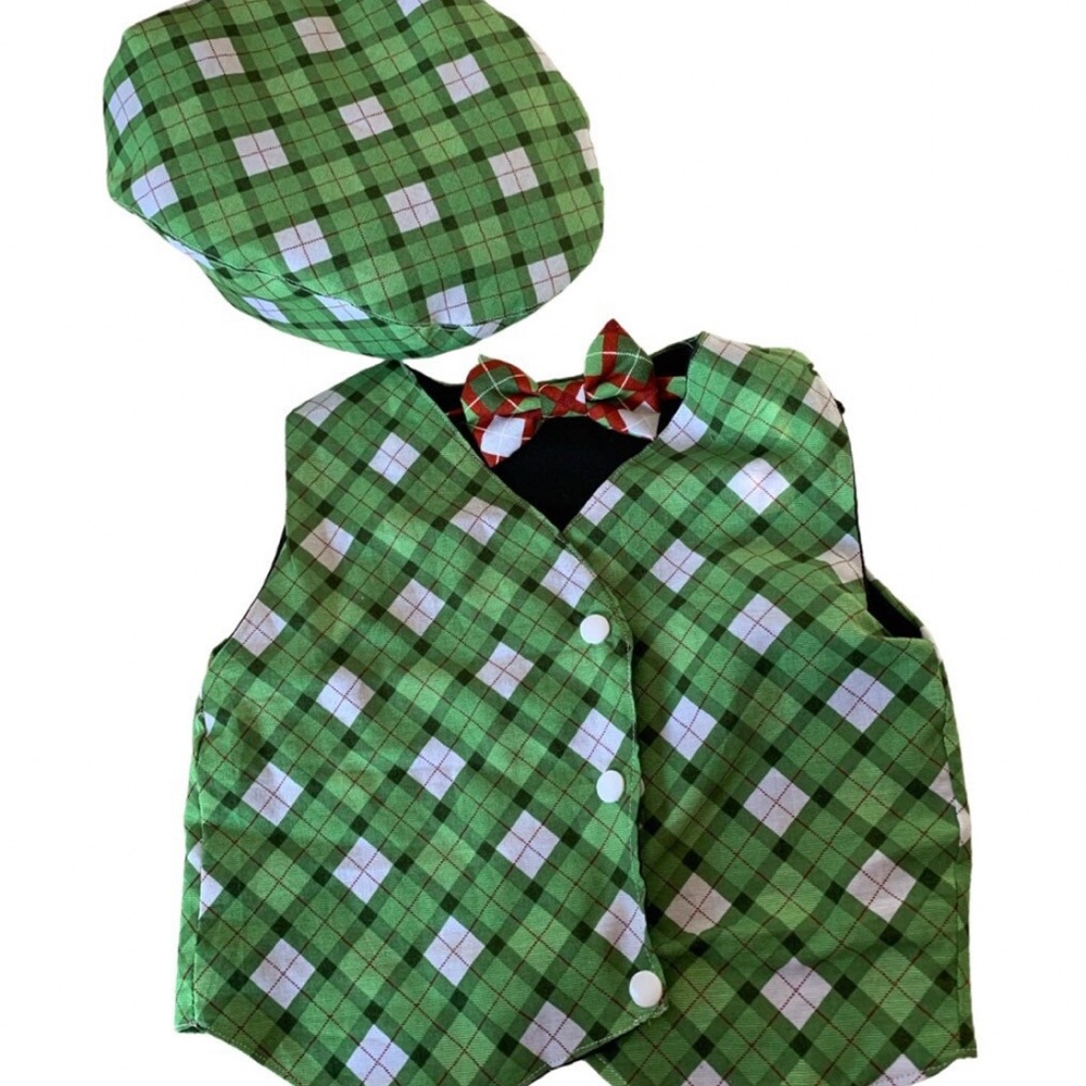 Boy Christmas Green Plaid Vest Set w/ Bow Tie & flat cap outfit